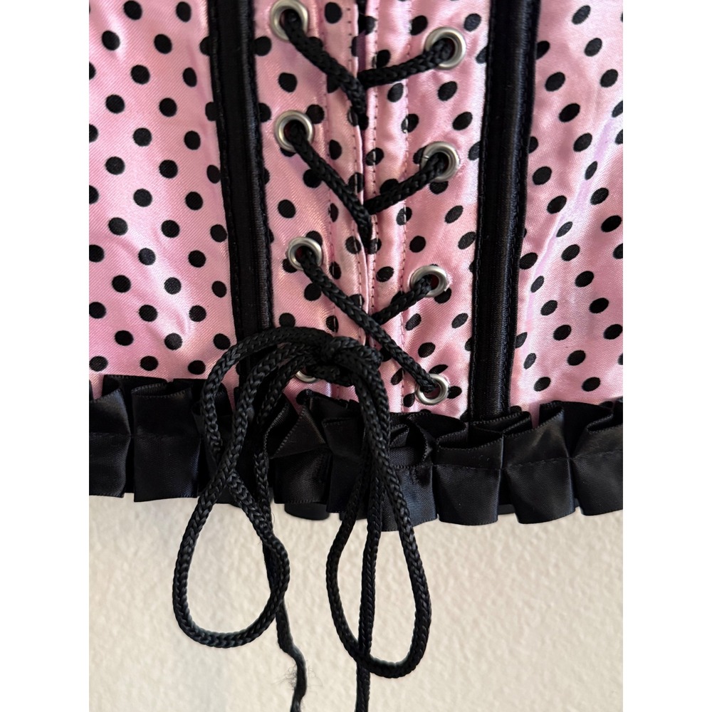 Lovesick Pink Black Polka Dot Ruffle Corset Top Satin Bow Lace Up Back Small - Picture 6 of 8